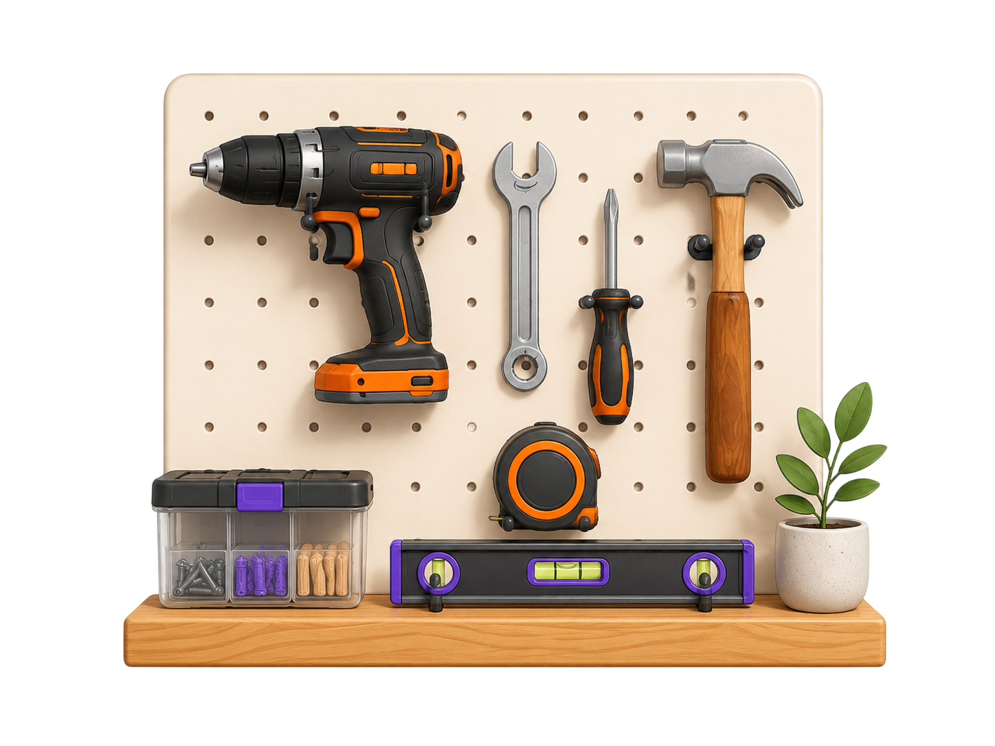Tools organised on a pegboard