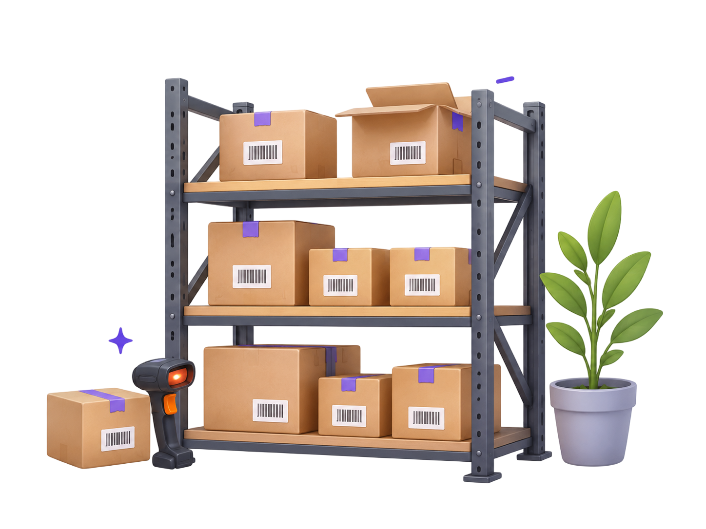 Warehouse shelving stacked with labelled boxes